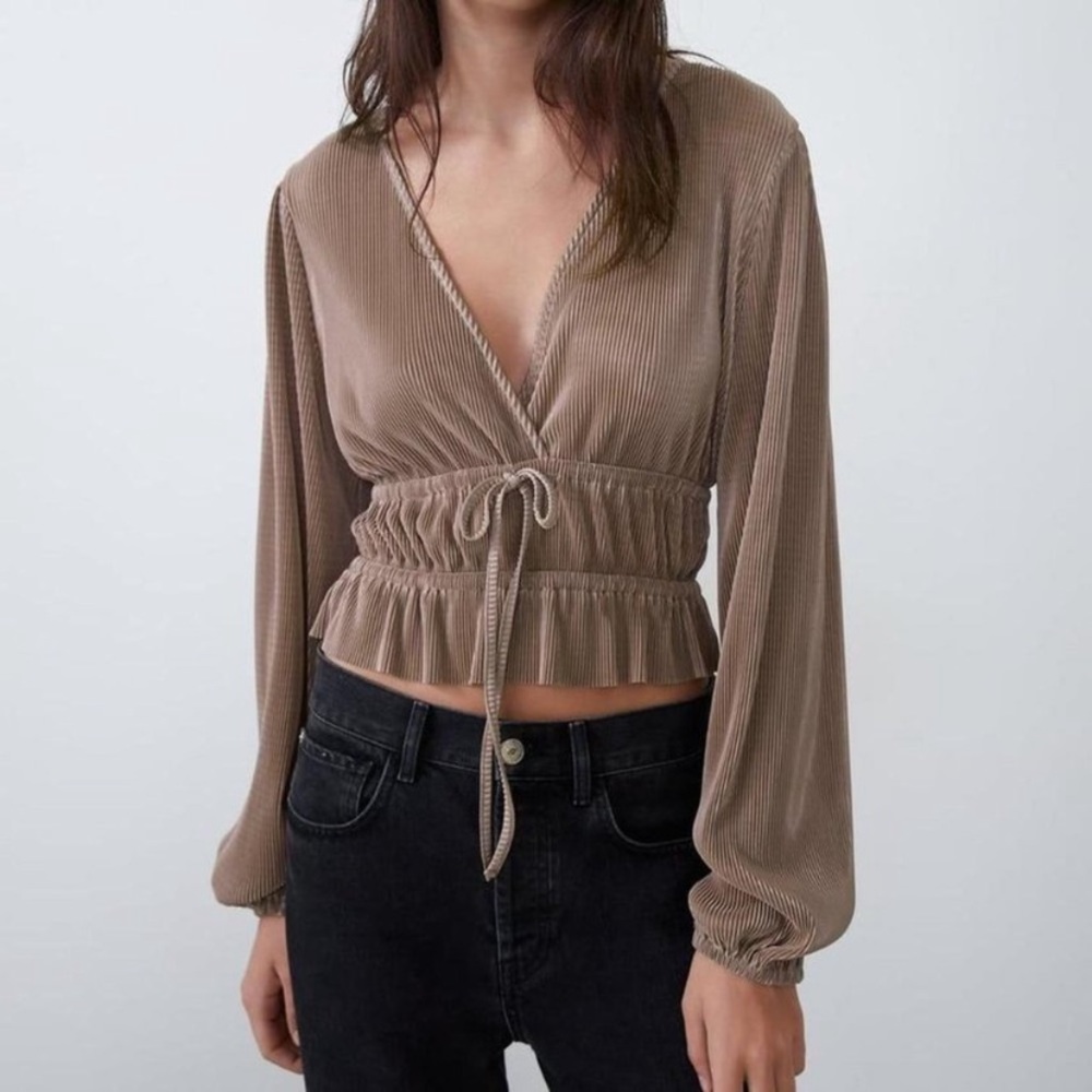 ZARA Women's Bronze Pleated Surplice Peplum Long Bell Sleeve Blouse Satin Top